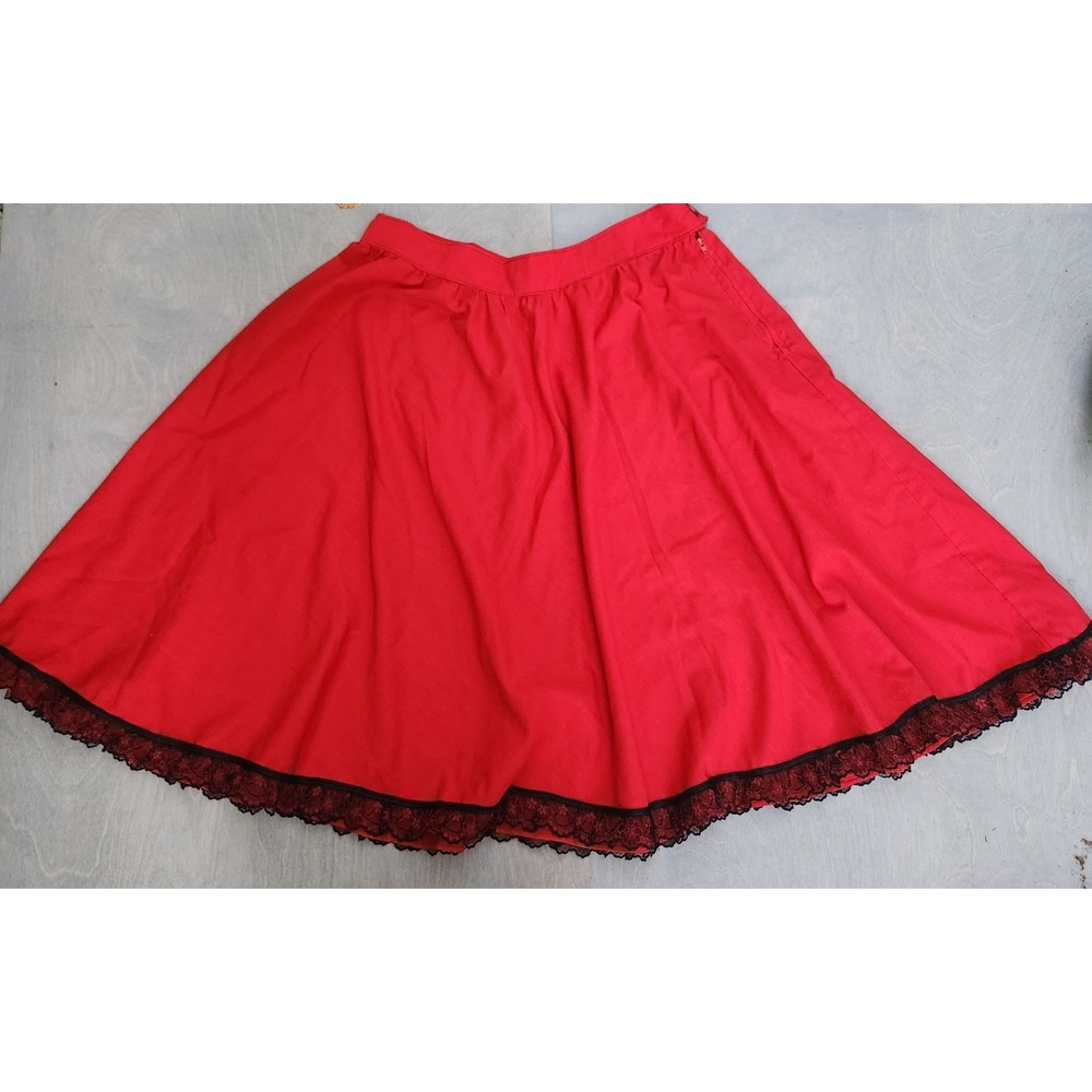 Vintage handmade Red Circle Square Dance Skirt with BlackLace Rockabilly33waist